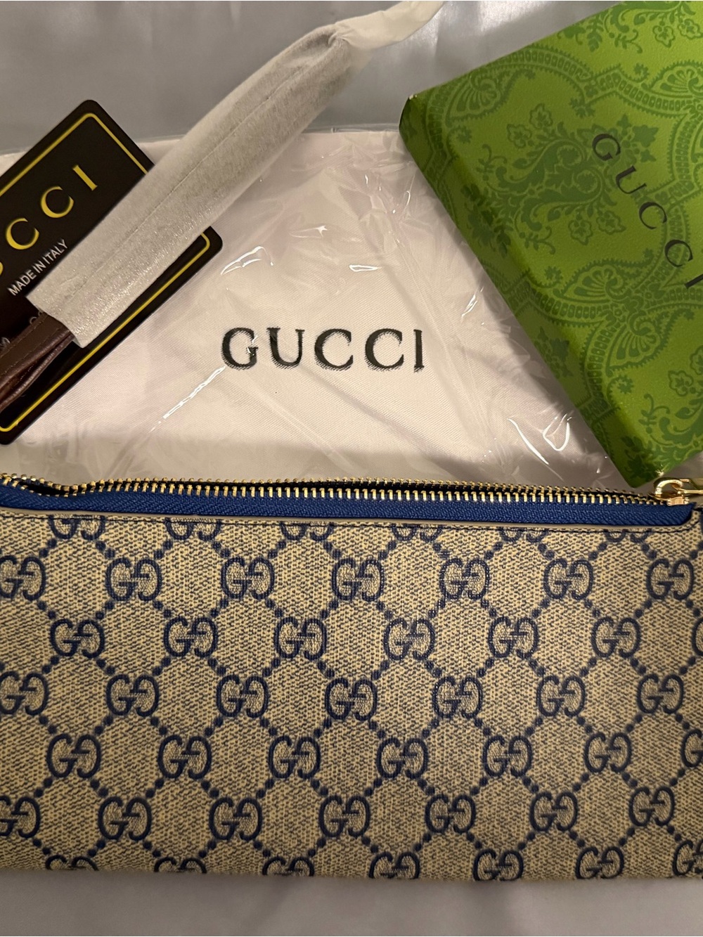 Gucci Beige GG Canvas Clutch with Blue Trim